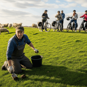 schäfer sammelt schafsgung im hintergrund ebike fahrer auf sylt