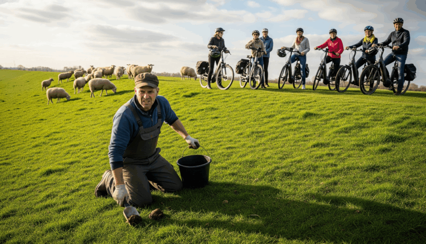 schäfer sammelt schafsgung im hintergrund ebike fahrer auf sylt