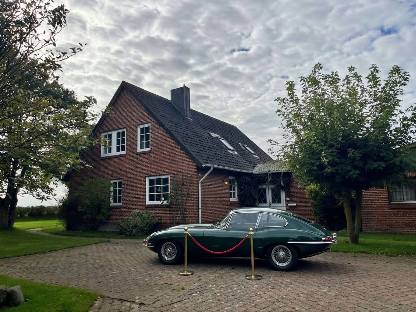 Dunkelgruener Oldtimer auf einem gepflasterten Hof vor einem Backsteinhaus auf Sylt, davor eine rote Museumskordel zwischen zwei Messingpfosten