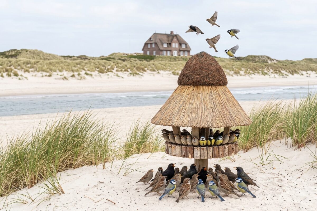 Reetgedecktes Vogelhaus in einer Sylter Düne am Strand, dicht besetzt mit Spatzen, Meisen, Amseln und Staren, im Hintergrund eine reetgedeckte Villa