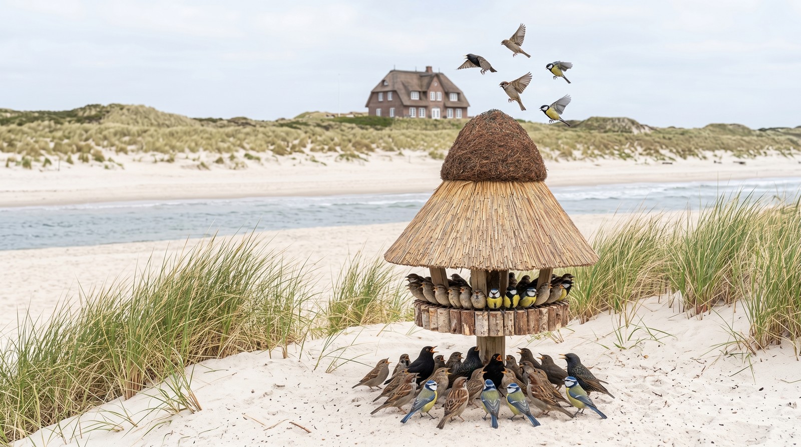 Reetgedecktes Vogelhaus in einer Sylter Düne am Strand, dicht besetzt mit Spatzen, Meisen, Amseln und Staren, im Hintergrund eine reetgedeckte Villa