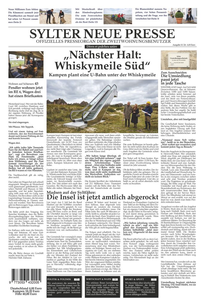 Titelseite der Sylter Neuen Presse Ausgabe 10/26 mit dem Aufmacher Nächster Halt: Whiskymeile Süd