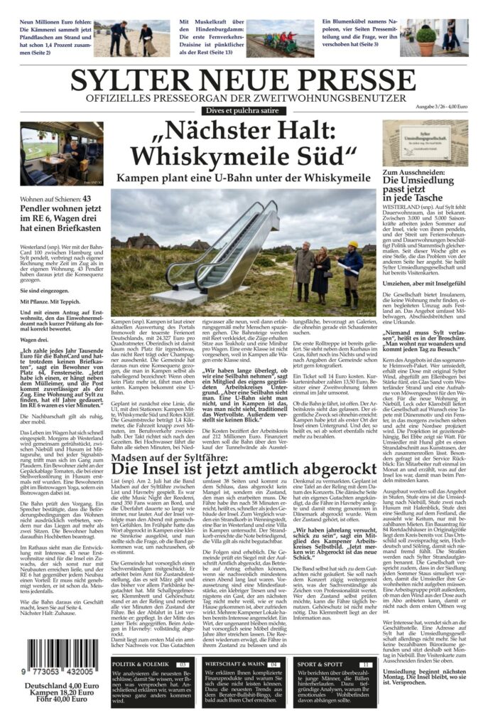 Titelseite der Sylter Neuen Presse Ausgabe 10/26 mit dem Aufmacher Nächster Halt: Whiskymeile Süd