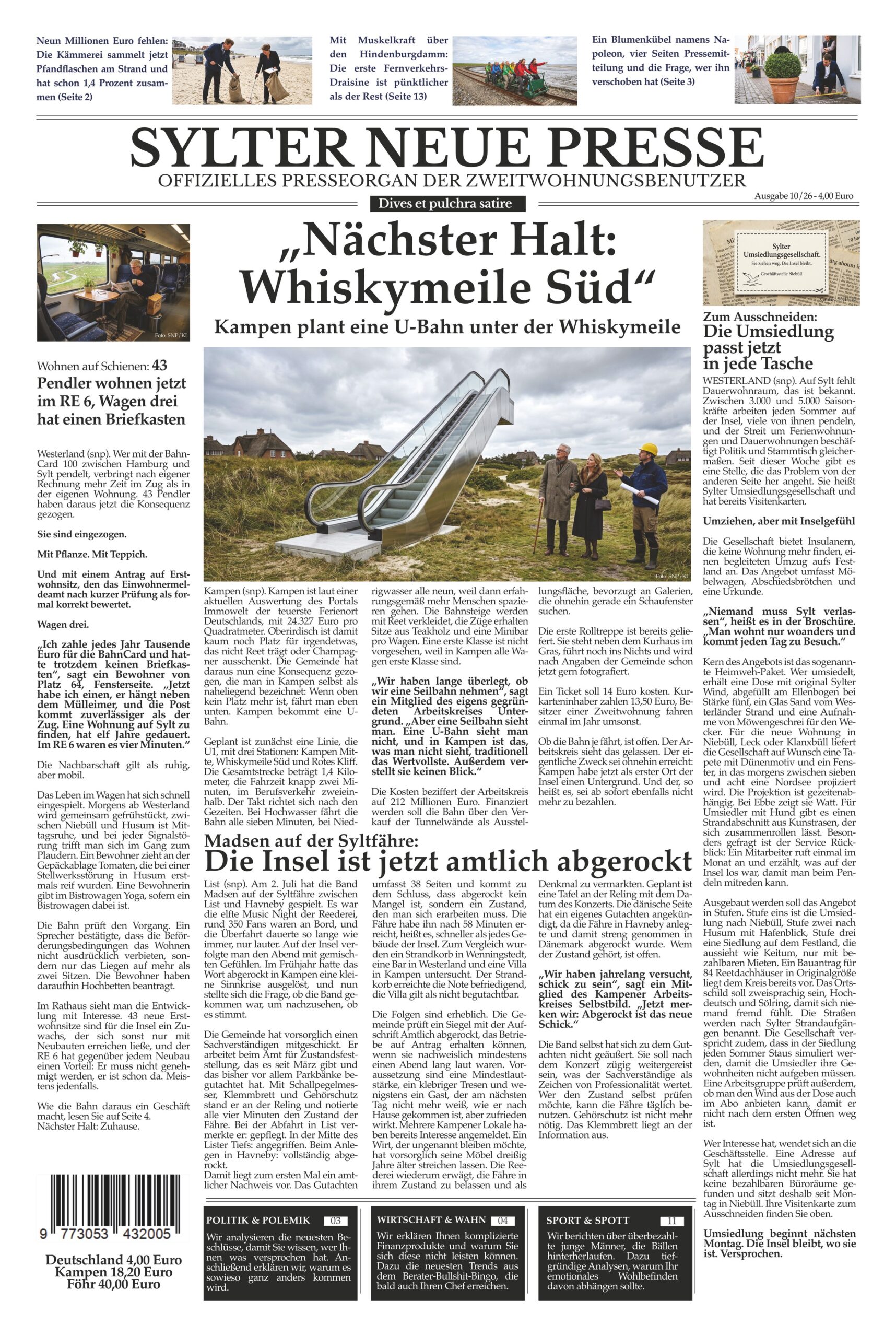 Titelseite der Sylter Neuen Presse Ausgabe 10/26 mit dem Aufmacher Nächster Halt: Whiskymeile Süd